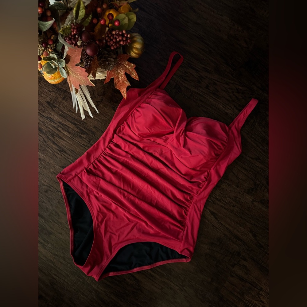 Women's Red Ruched One-Piece Swimsuit - Picture 5 of 9